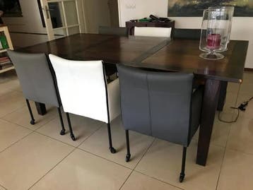 Set van 6 leren kuip eetkamerstoelen - met wieltjes -, Ophalen of Verzenden, Nieuw, Leer