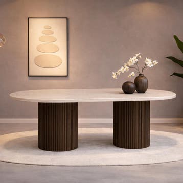 Ovale Travertin Eettafel – Japandi Design – 200 cm, Huis en Inrichting, Tafels | Eettafels, Overige materialen, 100 tot 150 cm