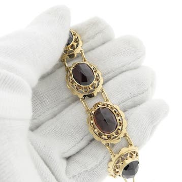 Antiek gouden bootjes armband met granaat (Schakelarmband), Gebruikt, Ophalen of Verzenden, Met edelsteen, Goud