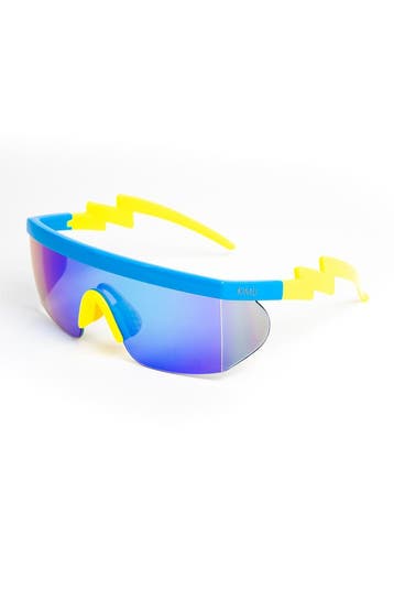 Skibril Zonnebril Geel Montuur Blauwe Spiegelglazen Foute Sk, Ophalen of Verzenden, Nieuw, Feestartikel, Carnaval