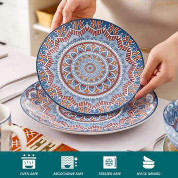 Boheemse Mandala 16-delige Keramische Serviesset - Kleurrijk, Verzenden, Nieuw, Keramiek, Compleet servies