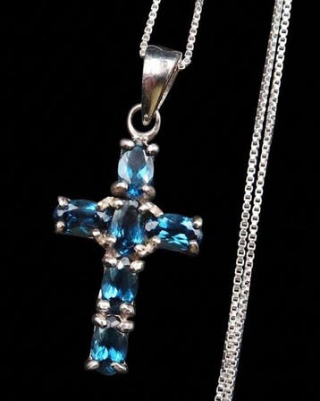 Topaas - Zilver, Halsketting met Hoogmagisch Kruis in Blauwe, Antiek en Kunst