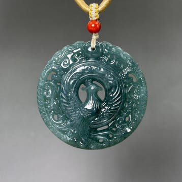 Snijwerk, Natural Jade Phoenix Pendant - 51 mm -