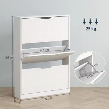 Smalle Witte Schoenenkast met 3 Kleppen – Ruimtebesparend, Verzenden, Nieuw