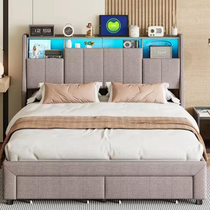 Tweepersoonsbed met LED, USB-Poorten en Opbergruimte, Huis en Inrichting, Slaapkamer | Bedden, Nieuw, Verzenden