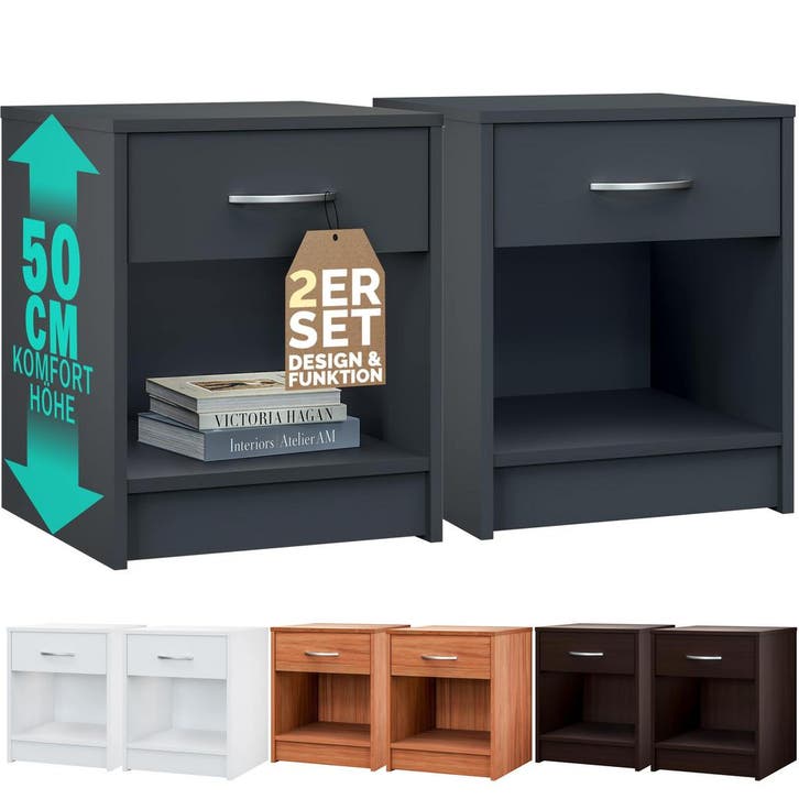 Nachtkastje Hamburg set van 2 Antraciet 50x40x35cm, Huis en Inrichting, Slaapkamer | Bedden, Nieuw, Verzenden