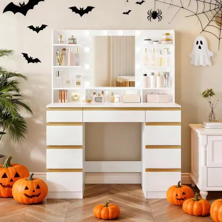 Kaptafel met LED Spiegel – Make-up Tafel met 9 Lades, Huis en Inrichting, Tafels | Kaptafels, Nieuw, Verzenden