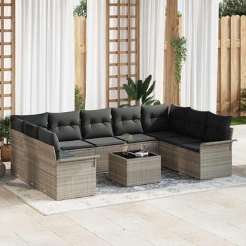 vidaXL Tuin Sofa Set 10 st Grijs poly rattan, Verzenden, Nieuw, Rotan, Meer dan 8 zitplaatsen
