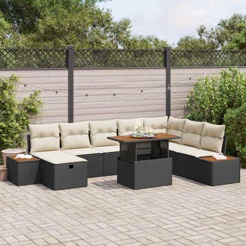 vidaXL Tuinbankenset 9 st Zwart poly rattan, Verzenden, Nieuw, Rotan, Meer dan 8 zitplaatsen