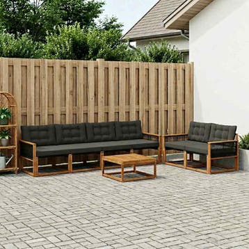 vidaXL Buiten bankenset met kussen 7 pcs Naturel en Zwart, Verzenden, Nieuw