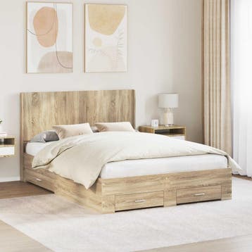 vidaXL Bedframe met opbergruimte en hoofdbord Sonoma Eiken, Huis en Inrichting, Verzenden, Nieuw, Bruin, Hout