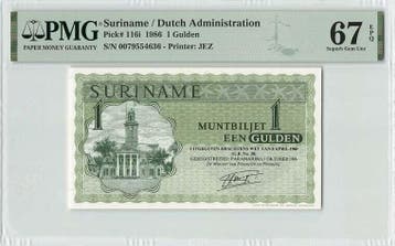 1986 Suriname 1 Gulden Pick 116i Pmg Superb Gem Unc 67 Epq, Verzenden