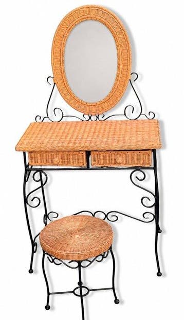 Spiegel - Rattan - Prachtige kaptafel met spiegel en kruk