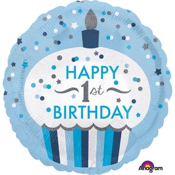 Folieballon 1 Jaar Cupcake Blauw Rond (43cm), Ophalen of Verzenden, Nieuw