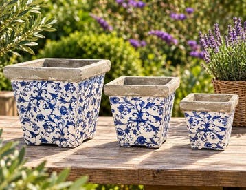 Bloempot - Set van 3 Aged Ceramic bloempotten – Blauw-wit