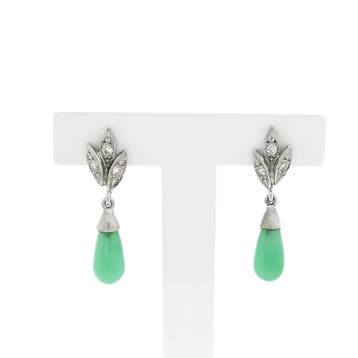 Vintage witgouden oorstekers met jade en diamant 0,12 ct., Gebruikt, Ophalen of Verzenden, Met edelsteen, Goud