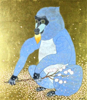 Original Nihonga Painting on Gold Leaf Flower and Monkey