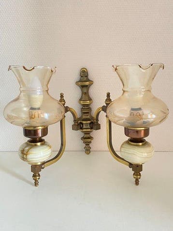 Wandkandelaar - Messing, Onyx, Glas, Antiek en Kunst