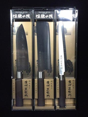 Signed Masamune / Set of 3 / Santoku knife, Yanagiba knife,