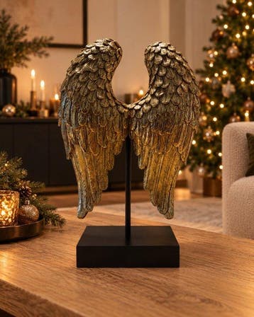sculptuur, Engelenvleugels op sokkel – goudkleurig -
