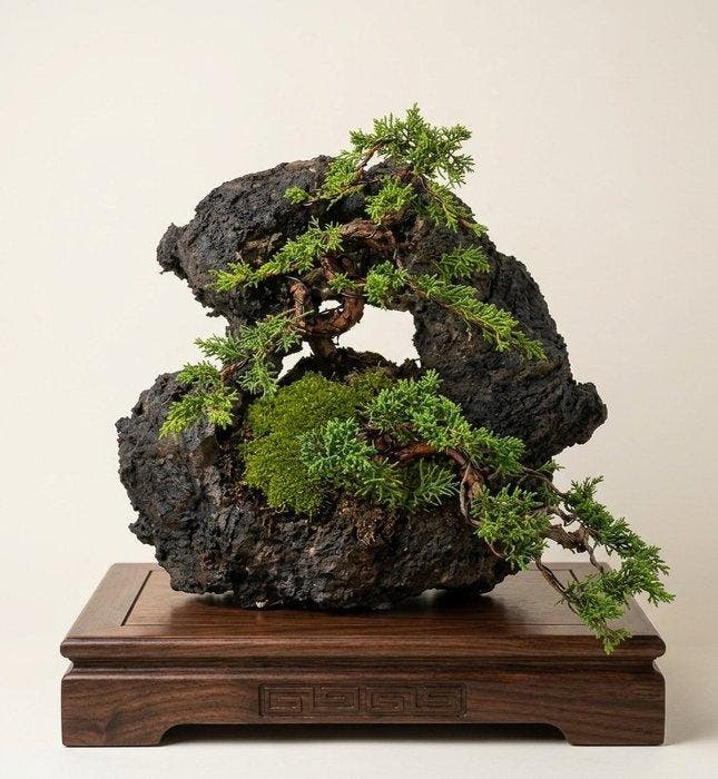 Bonsai van Jeneverbes Kishu op steen - Hoogte (boom): 27 cm, Antiek en Kunst, Curiosa en Brocante