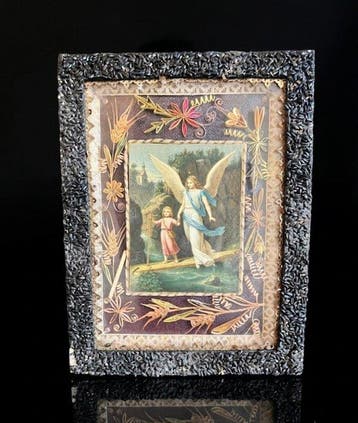 Devotieplaatje - Beschermengel - 21 x 28 cm - Hout, Glas,, Antiek en Kunst