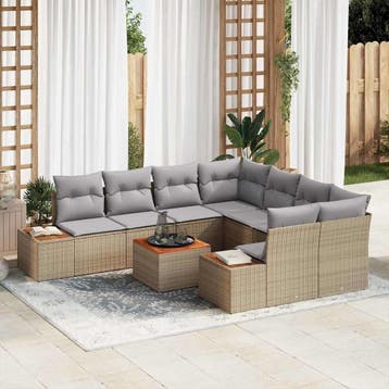 vidaXL Tuinbankenset 9 st Beige Poly riet, Verzenden, Nieuw, Rotan, Meer dan 8 zitplaatsen