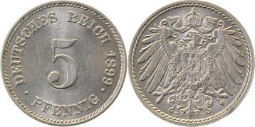 Duitsland 5 Pfennig 1899 E J 012 prfr / stgl 1 1, Verzenden