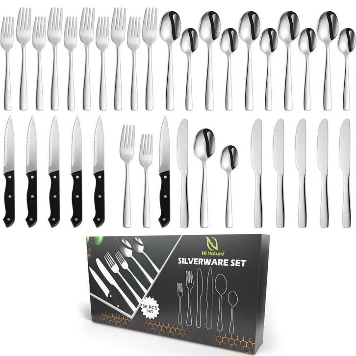 HI NATURE™ Bestekset 6 Persoons (36-delig) Zilver | Bestek,, Huis en Inrichting, Keuken | Keukenbenodigdheden, Zo goed als nieuw