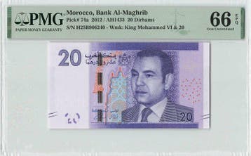 2012 Morocco 20 Dirhams Pick 74a Pmg Gem Unc 66 Epq, Verzenden