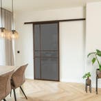 Stalen Schuifdeur met koofsysteem 6 Vlaks Brons Rook glas Lu, 75 tot 150 cm, Nieuw, 150 tot 225 cm, Metaal