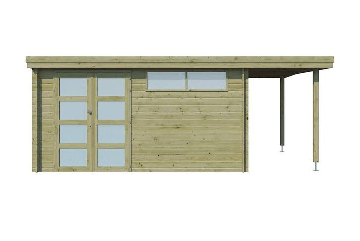 Woodlands Blokhut Oregon met Overkapping Geïmpregneerd 565 x, Tuin en Terras, Tuinhuizen