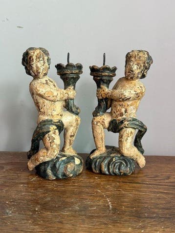 sculptuur, Antiek stel kandelaars / 18e eeuw - 18 cm - Hout