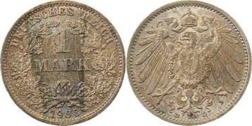 Duitsland 1 Mark 1908 D prfr/f prfr leichte farbige Patin..., Verzenden