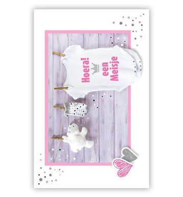 Felicitatiekaart Waslijn Hoera Een Meisje, Hobby en Vrije tijd, Ophalen of Verzenden, Nieuw