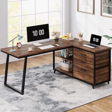 L-vormig Bureau met 3 Lades – Vintage Bruin-Zwart Hout, Huis en Inrichting, Bureaus, Verzenden, Nieuw