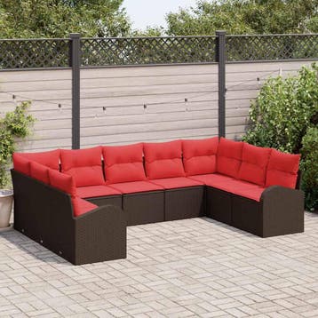vidaXL Tuinbankenset met kussen 9 pcs Bruin en Rood poly, Verzenden, Nieuw, Rotan, Meer dan 8 zitplaatsen