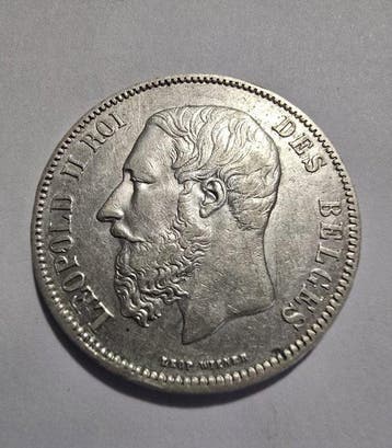 België. Leopold II. 5 Francs 1869 Argento (Zonder
