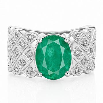 Ring - 18 karaat Witgoud - 3.00ct. tw. Smaragd - Diamant -, Sieraden, Tassen en Uiterlijk, Nieuw