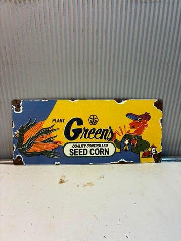 Green’s Seed Corn – Kleurrijk Emaille Reclamebord - Emaille, Antiek en Kunst