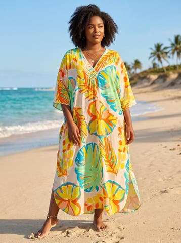 Boho rayon kaftan jurk - Wit Turkoois Island Palms, Ophalen of Verzenden, Nieuw