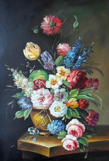 M. Gibson (XX) - Large Floral Still Life in Classical Vase