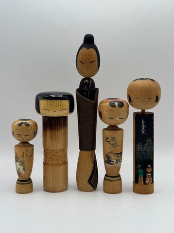 Vintage kokeshi-poppen, 5 sets - Japan (Zonder minimumprijs)
