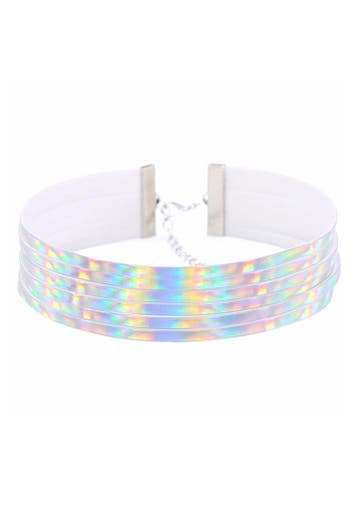 KIMU® Choker Zilver Streepjes Iridescent Holografische Ketti, Kunststof, Verstelbaar, Nieuw, Ophalen of Verzenden