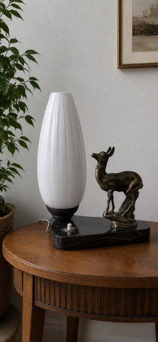 Lamp - Opaline glas, Zwart marmer - vintage tafellamp