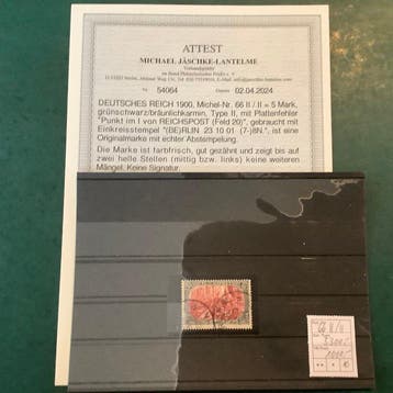 Duitse Rijk 1900 - 5 Mark Reichspost type II met plaatfout, Gestempeld