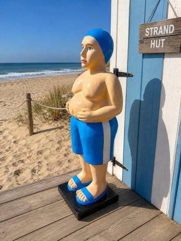 Beeld, old fat man in swimming blue shorts - 80 cm -