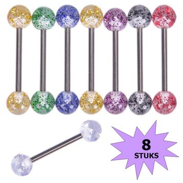 Fako Bijoux - Tongpiercing - Glitter Transparant - 8 Stuks, Verzenden, Nieuw