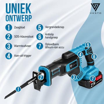 Vesto® Accu Reciprozaag – 21V Li-Ion – Incl. 2 Accu’s, Zaagb, Verzenden, Zo goed als nieuw