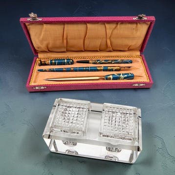 Set da Scrittoio d’Epoca in Celluloide Venata Oro 18k e Blu, Antiek en Kunst